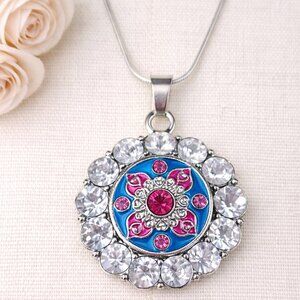 Silver Rhinestone Round Snap Necklace Blue & Pink Enamel Flower Snap